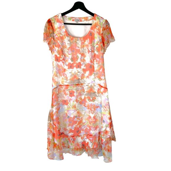 J Peterman Orange Pink Floral Short Sleeve Silk Blend Below Knee Dress 6 - Picture 1 of 11